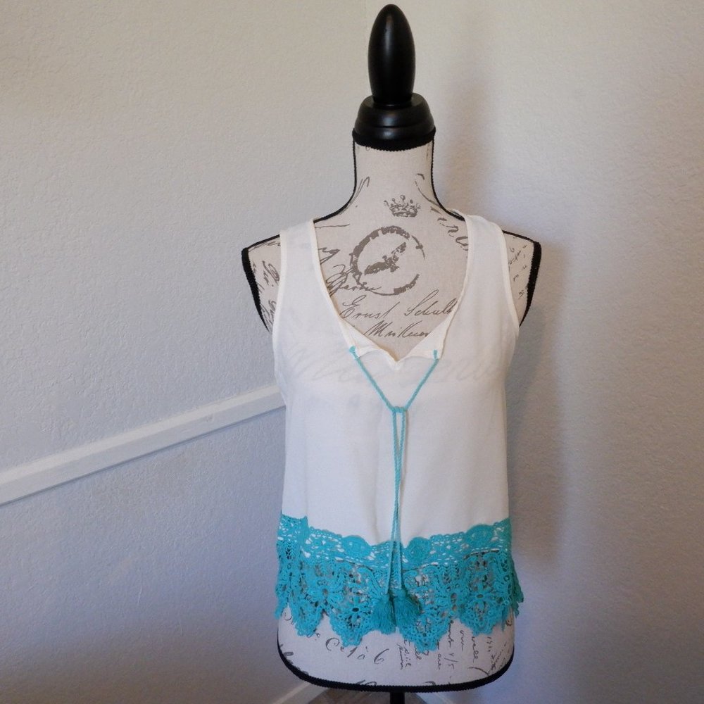 Sheer White Tank w/ Aqua Knitted Trim & Tassel Tie